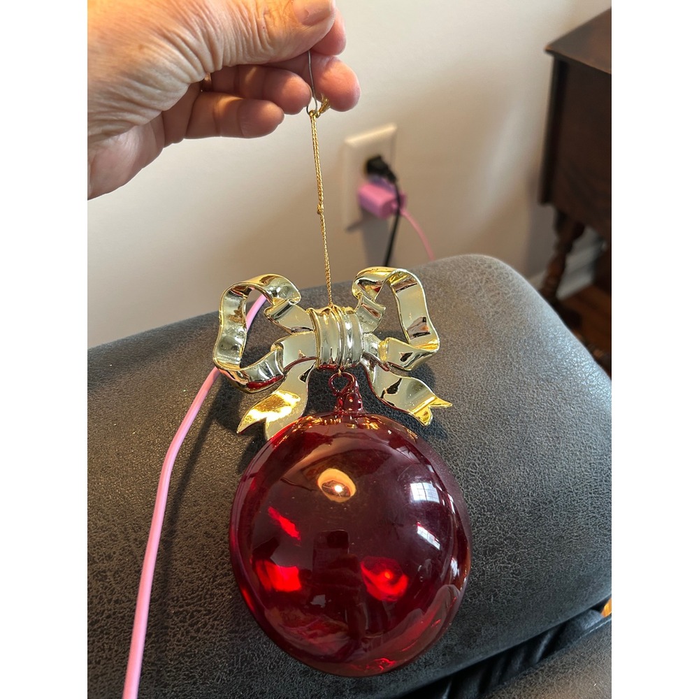 Red Acrylic Ball Christmas Ornament with Large Gold Metallic Bow Holiday Decor